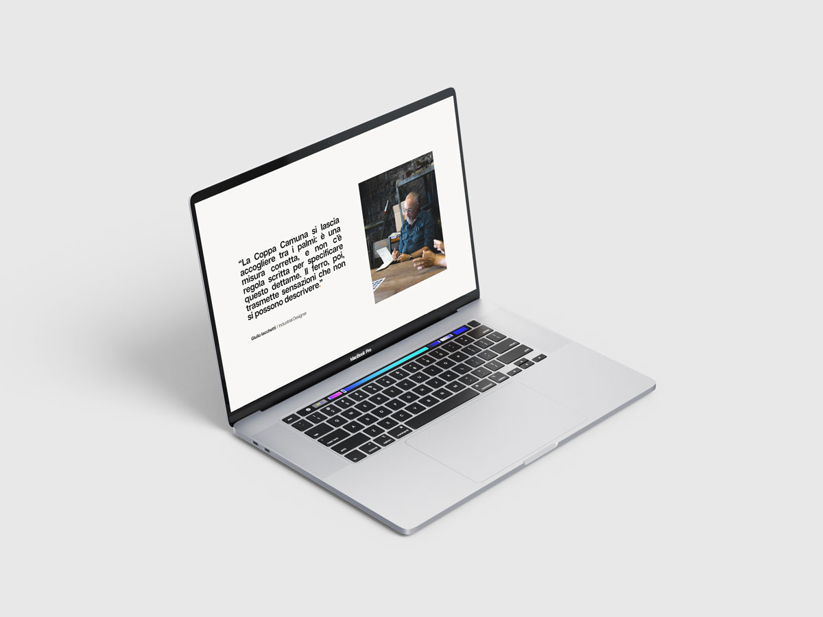 Pagina editoriale del sito con una citazione e il ritratto del designer